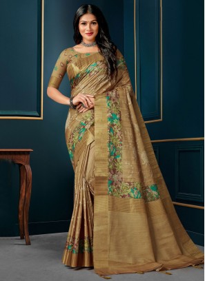 Silk Beige Embroidered Saree