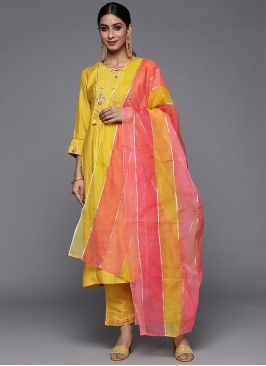 Silk Blend Embroidered Straight Salwar Suit in Yellow