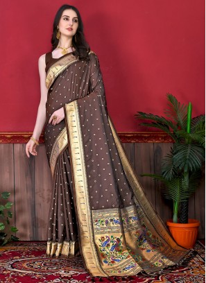 Silk Brown Weaving Contemporary Style Saree