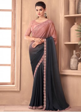 Silk Contemporary Saree in Black and Rose Pink
