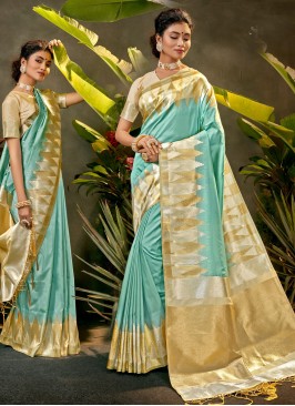 Silk Contemporary Style Saree in Aqua Blue