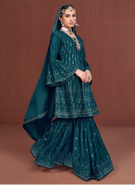 Silk Designer Pakistani Suit in Teal