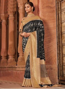 Silk Designer Saree in Beige and Black