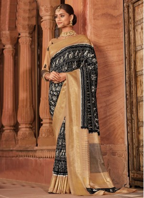 Silk Designer Saree in Beige and Black