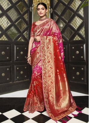 Silk Designer Saree in Pink and Red