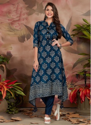Silk Digital Print Blue Casual Kurti