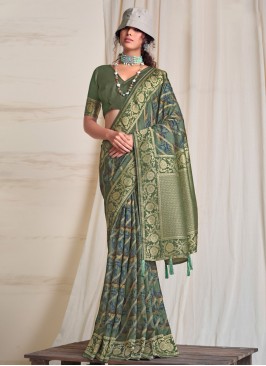 Silk Digital Print Green Saree