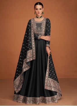 Silk Embroidered Black Floor Length Gown