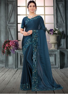 Silk Embroidered Contemporary Saree in Navy Blue