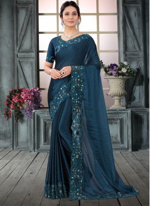 Silk Embroidered Contemporary Saree in Navy Blue
