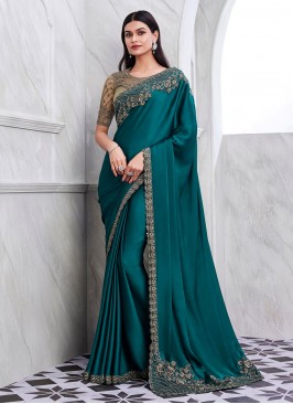 Silk Embroidered Contemporary Saree in Teal