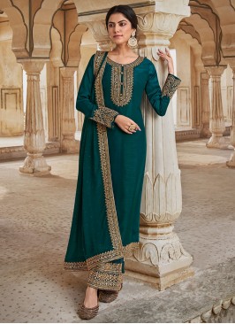 Silk Embroidered Designer Salwar Kameez in Green