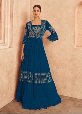 Silk Embroidered Floor Length Gown in Teal
