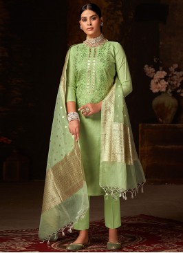 Silk Embroidered Green Pant Style Suit