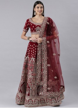 Silk Embroidered Maroon A Line Lehenga Choli