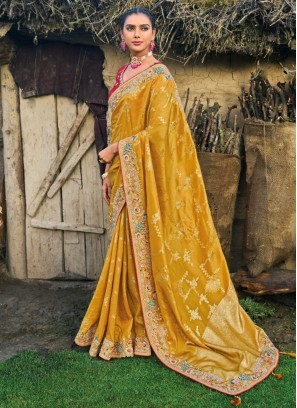 Silk Embroidered Mustard Designer Saree