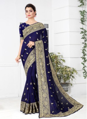 Silk Embroidered Navy Blue Traditional Designer Saree