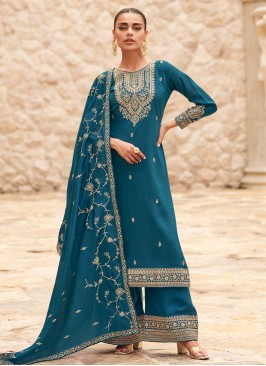 Silk Embroidered Palazzo Salwar Kameez in Teal