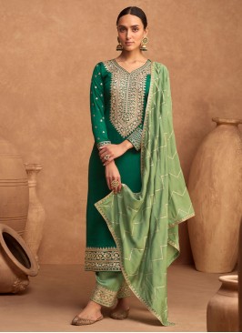 Silk Embroidered Pant Style Suit in Green