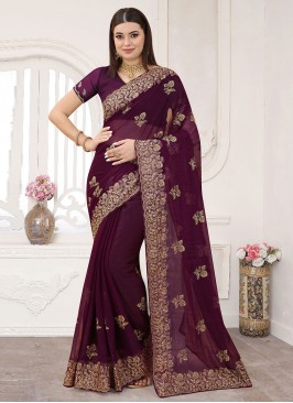 Silk Embroidered Saree in Wine