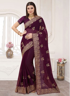 Silk Embroidered Saree in Wine