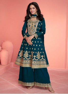 Silk Embroidered Trendy Salwar Kameez in Rama