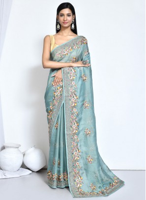 Silk Embroidered Turquoise Contemporary Style Saree