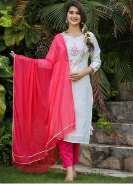 Silk Embroidered White Salwar Kameez