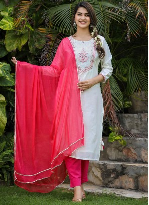 Silk Embroidered White Salwar Kameez