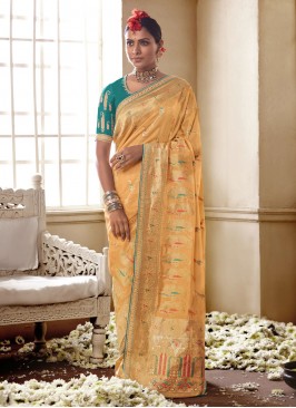 Silk Embroidered Yellow Designer Saree