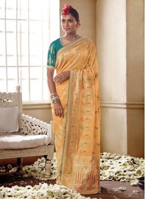 Silk Embroidered Yellow Designer Saree