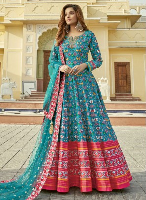 Silk Floor Length Trendy Gown in Aqua Blue