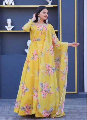 Silk Floral Print Trendy Gown in Yellow