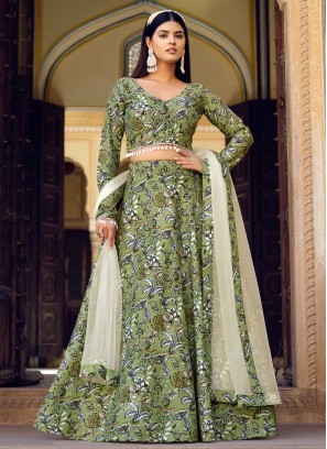 Silk Floral Print Trendy Lehenga Choli in Green
