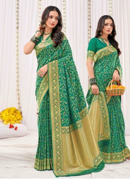 Silk Foil Print Classic Saree in Green