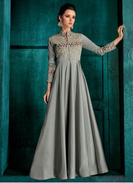 Silk Grey Embroidered Readymade Gown