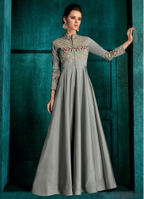Silk Grey Embroidered Readymade Gown