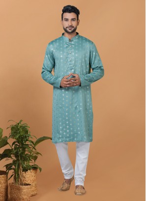 Silk Kurta Pyjama in Aqua Blue