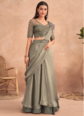 Silk Lehenga Saree in Grey