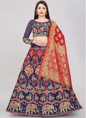 Silk Navy Blue A Line Lehenga Choli