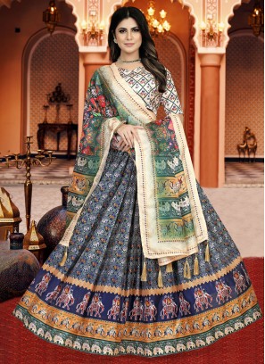 Silk Navy Blue Digital Print Trendy Lehenga Choli