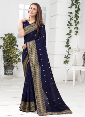 Silk Navy Blue Embroidered Designer Saree