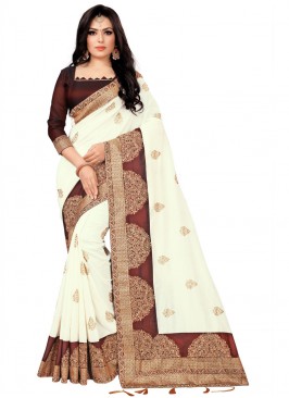 Silk Off White Embroidered Classic Saree