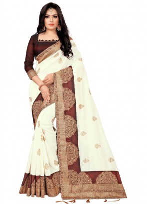 Silk Off White Embroidered Classic Saree