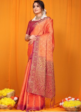 Silk Orange Color Function Wear Saree