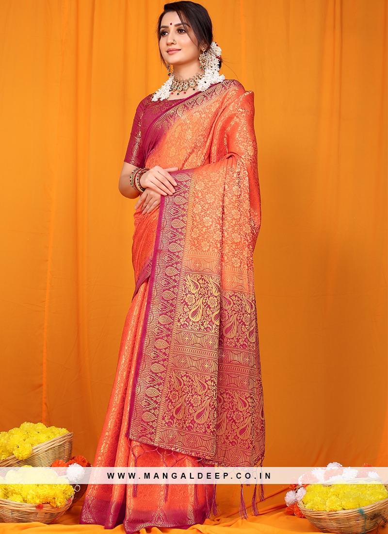 Silk Orange Color Function Wear Saree