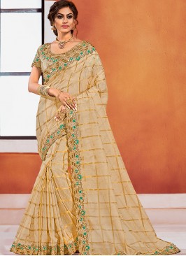 Silk Party Wear Beige Color Embroidered Saree