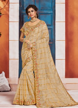 Silk Party Wear Beige Color Embroidered Saree
