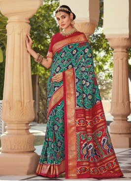 Silk Patola Print Designer Saree in Crimson and Turquoise