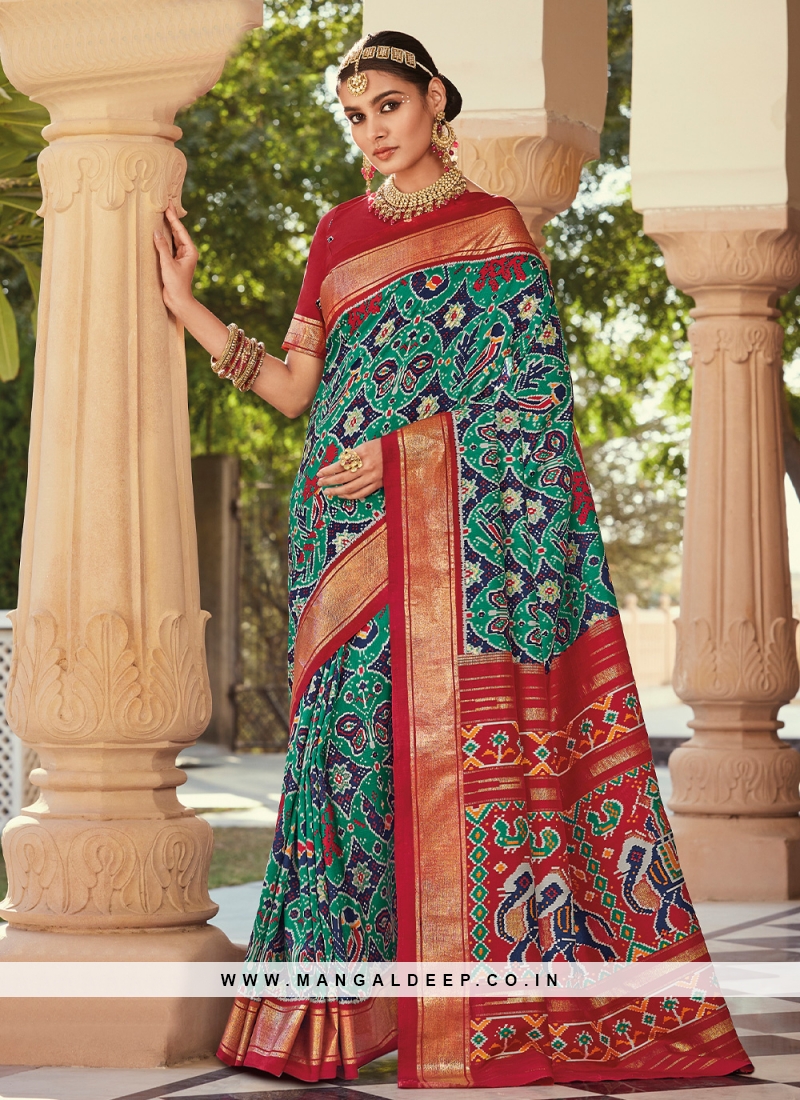 Silk Patola Print Designer Saree in Crimson and Turquoise